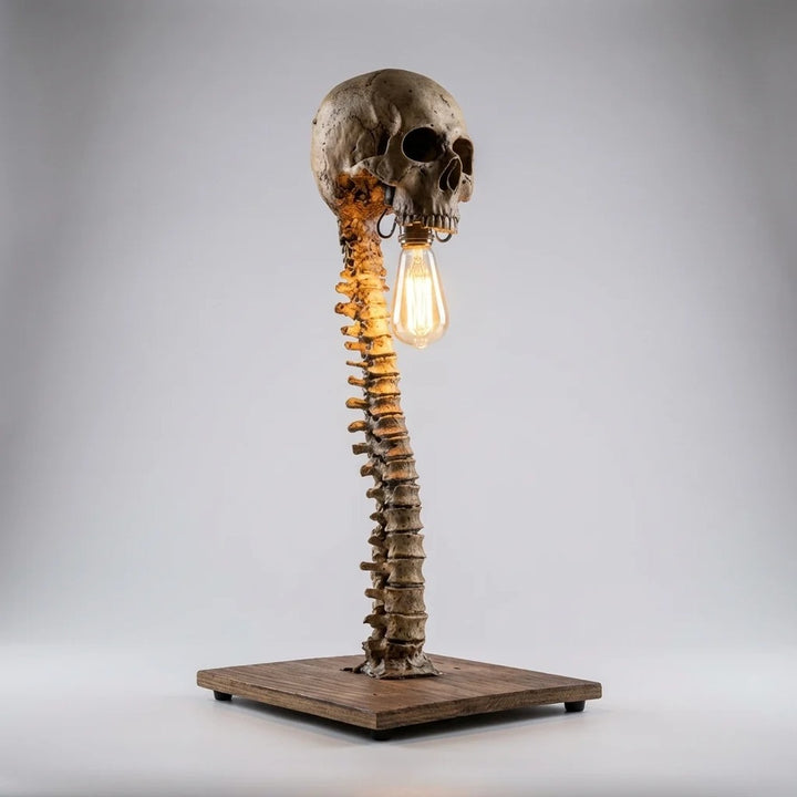 Decorative Skull Table Lamp with warm bulb glowing between the jaw, on a white background