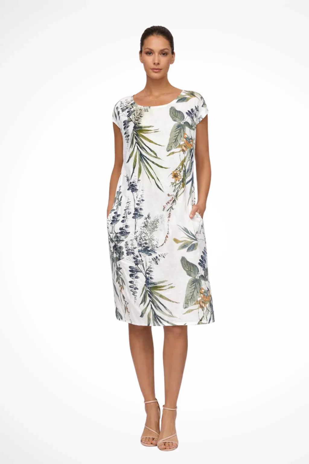 Botanical print shift dress with round neckline and cap sleeves in leafy green and white pattern