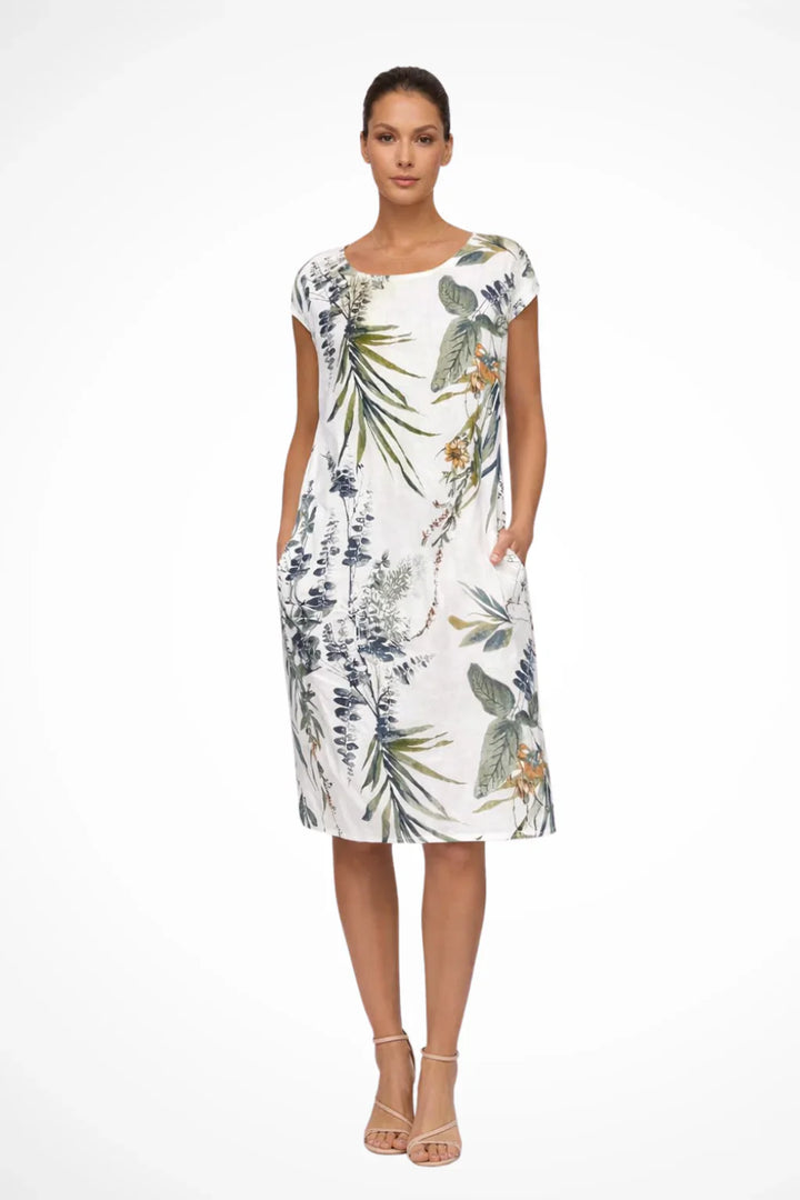 Botanical print shift dress with round neckline and cap sleeves in leafy green and white pattern