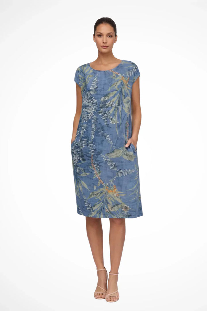 Knee length shift dress with earthy leaf pattern and comfortable relaxed fit