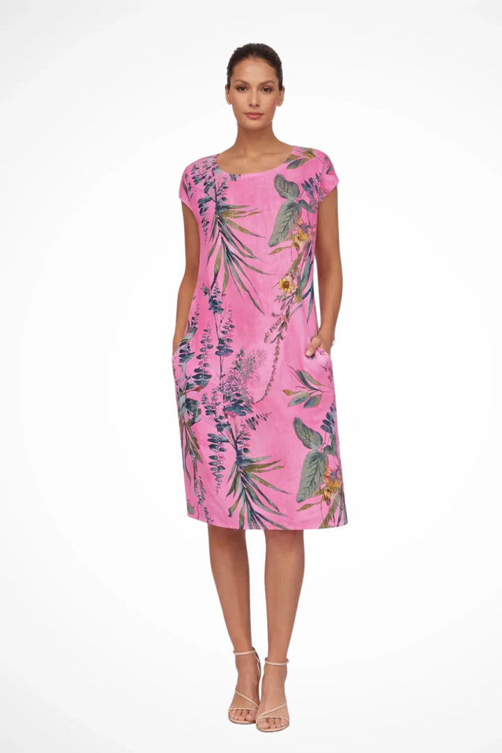 Casual shift dress showcasing botanical print in natural tones with round neckline
