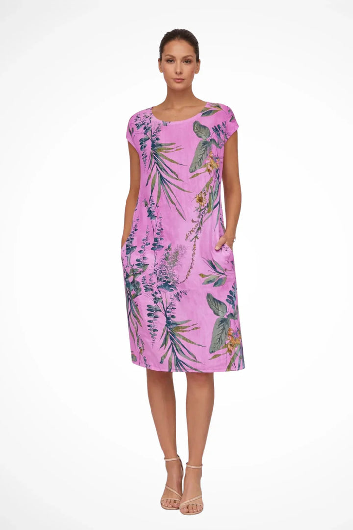 Lightweight shift dress with tropical leaf print and functional side seam pockets