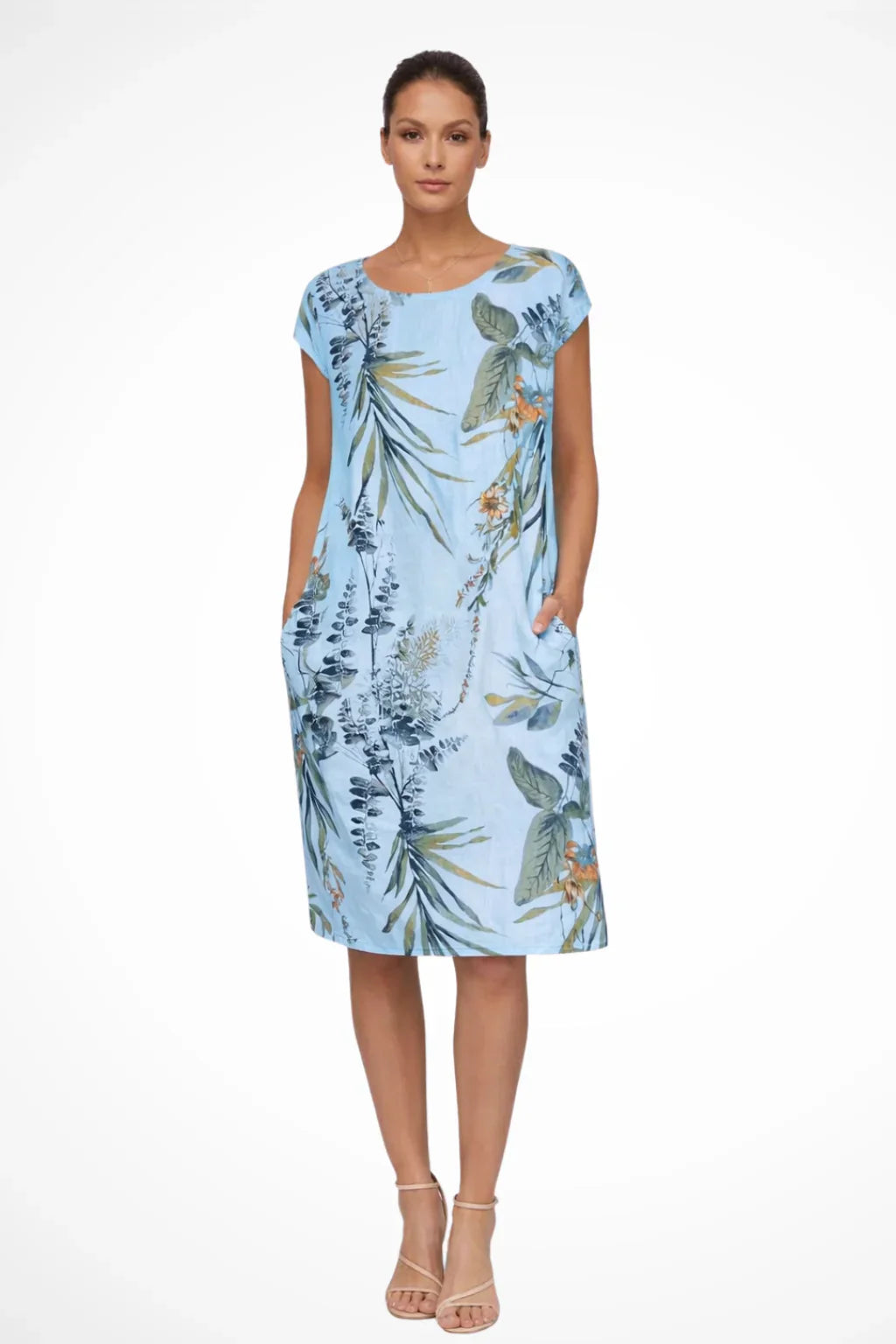 Relaxed fit shift dress featuring nature-inspired leaf pattern and cap sleeves