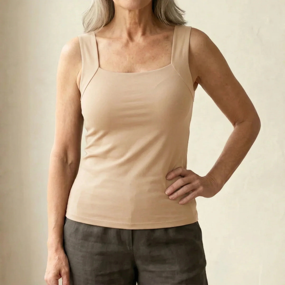 Woman styling Built In Comfort Bra Tanktop as layering piece for casual outings