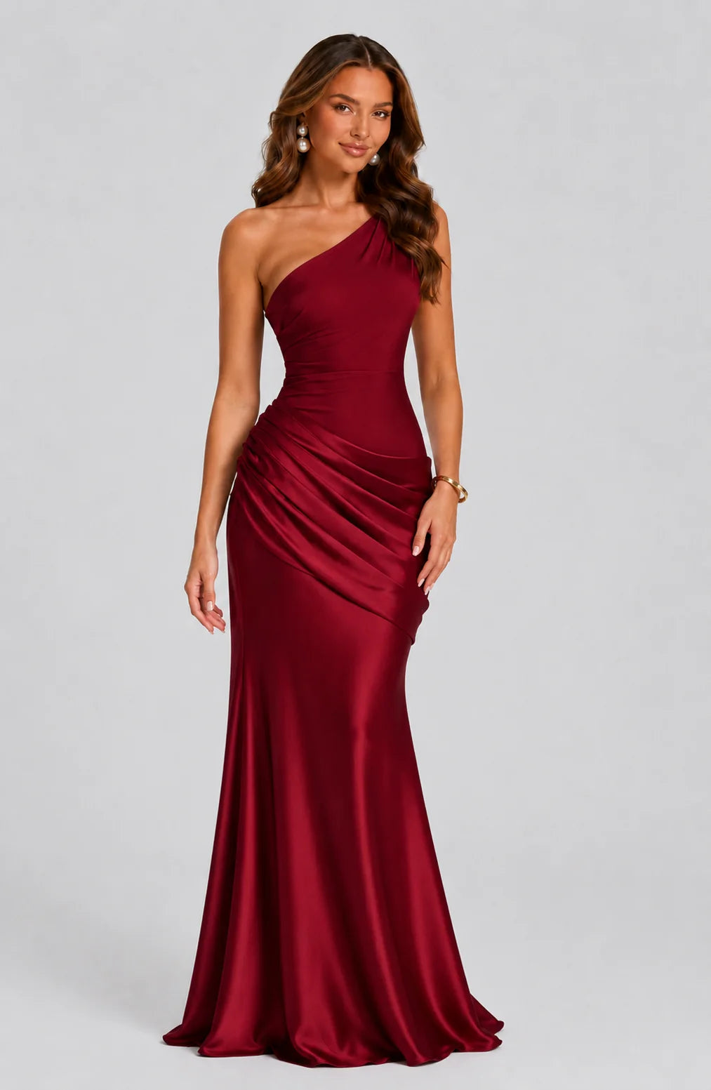 Women's Draped Waist Satin-Look Maxi Wedding Guest Dress in deep burgundy with one-shoulder neckline and flowing skirt