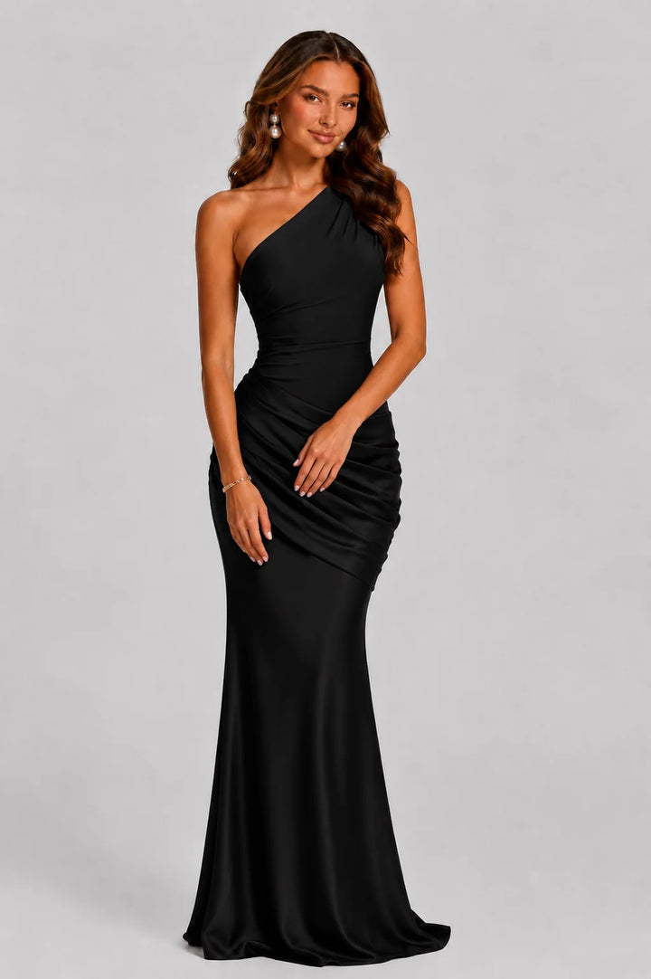 Women's Draped Waist Satin-Look Maxi Wedding Guest Dress in elegant evening setting