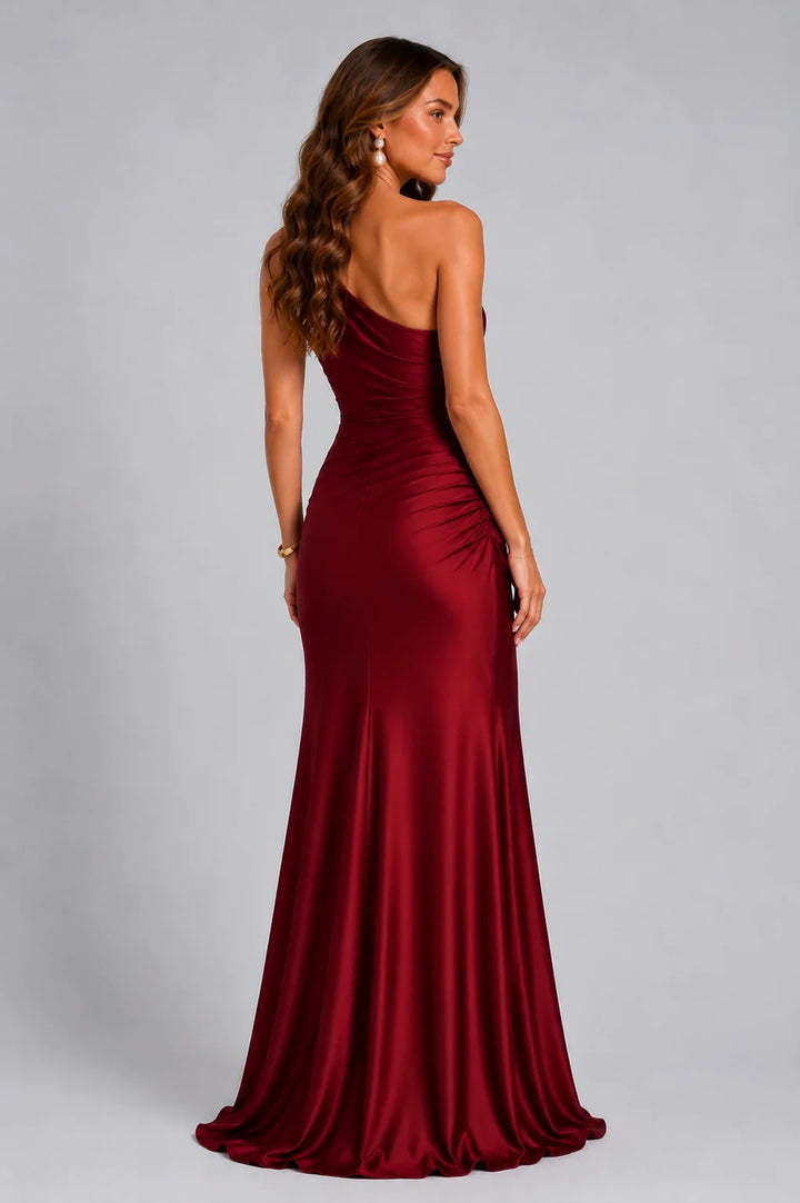 Close-up view of draped waist detail on Women's Draped Waist Satin-Look Maxi Wedding Guest Dress