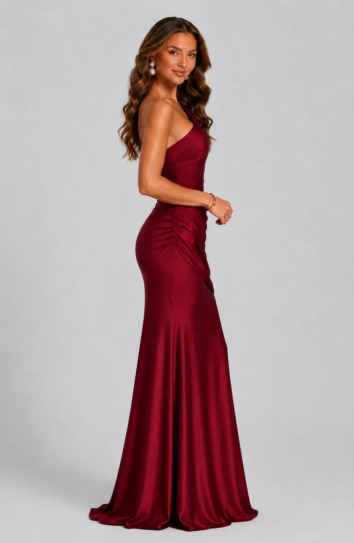 Side profile of Women's Draped Waist Satin-Look Maxi Wedding Guest Dress showing fitted bodice and maxi length