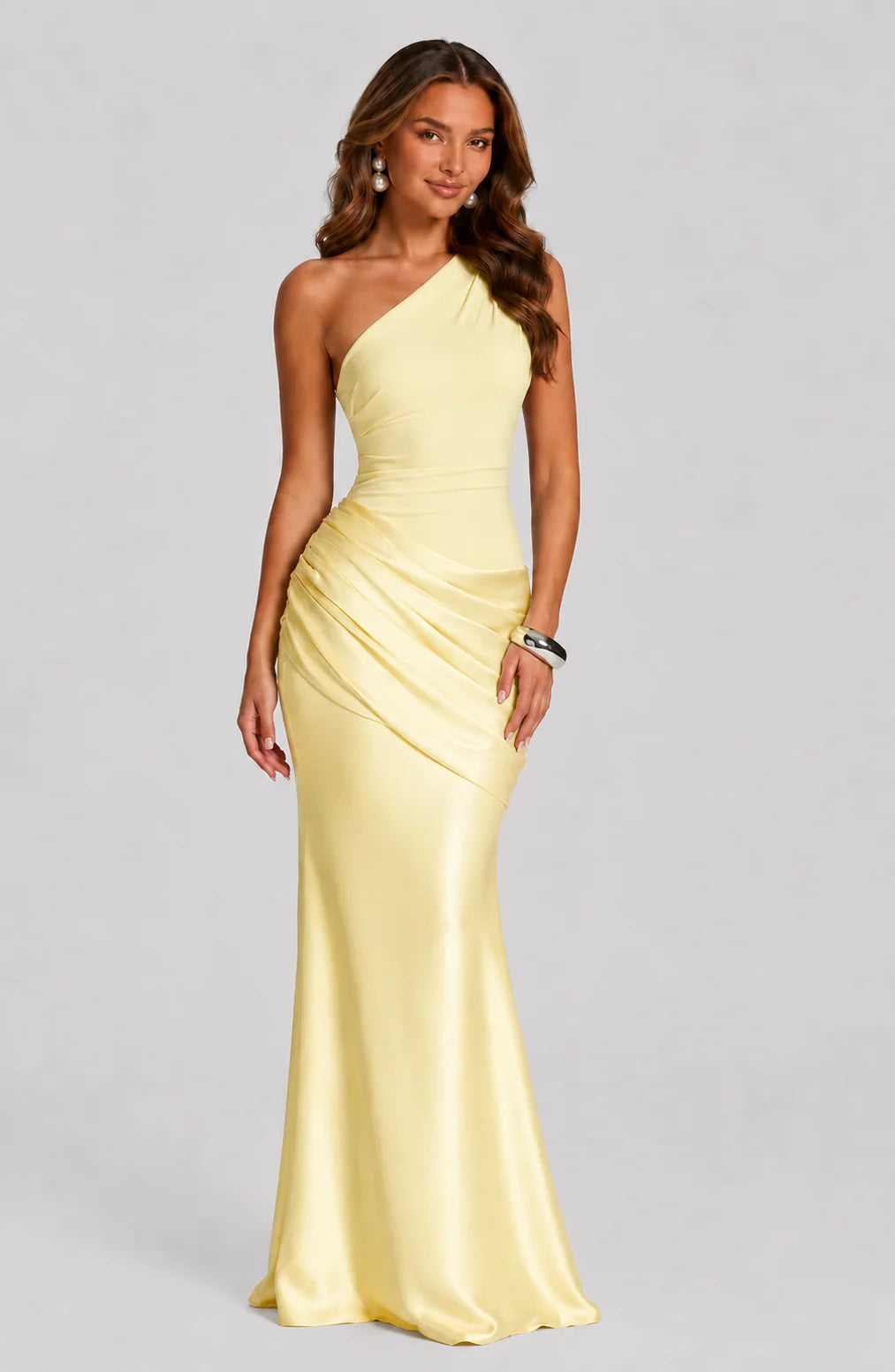 Full-length view of Women's Draped Waist Satin-Look Maxi Wedding Guest Dress in satin-look fabric