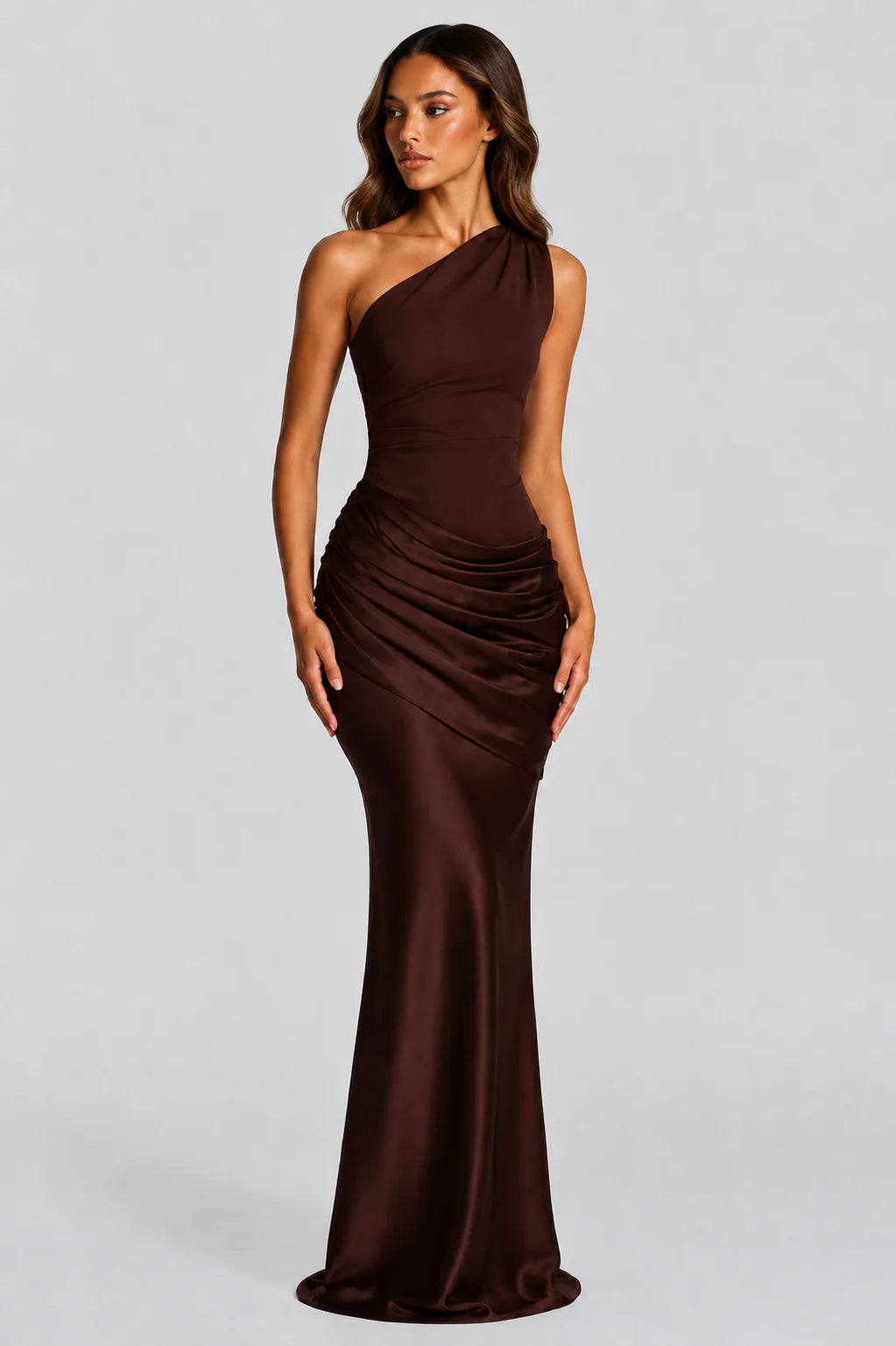 Detail of one-shoulder neckline on Women's Draped Waist Satin-Look Maxi Wedding Guest Dress
