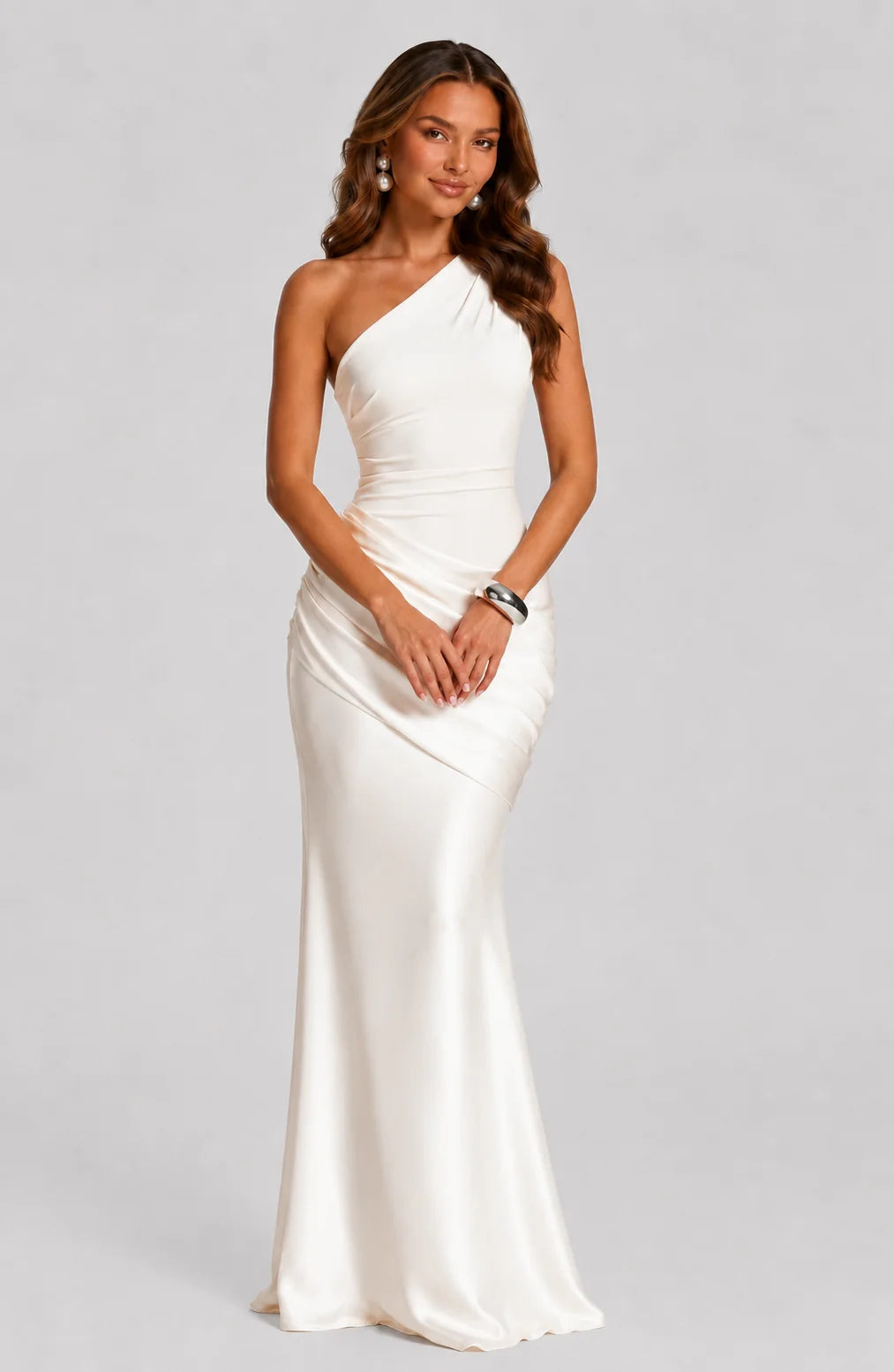 Flowing maxi skirt detail on Women's Draped Waist Satin-Look Maxi Wedding Guest Dress