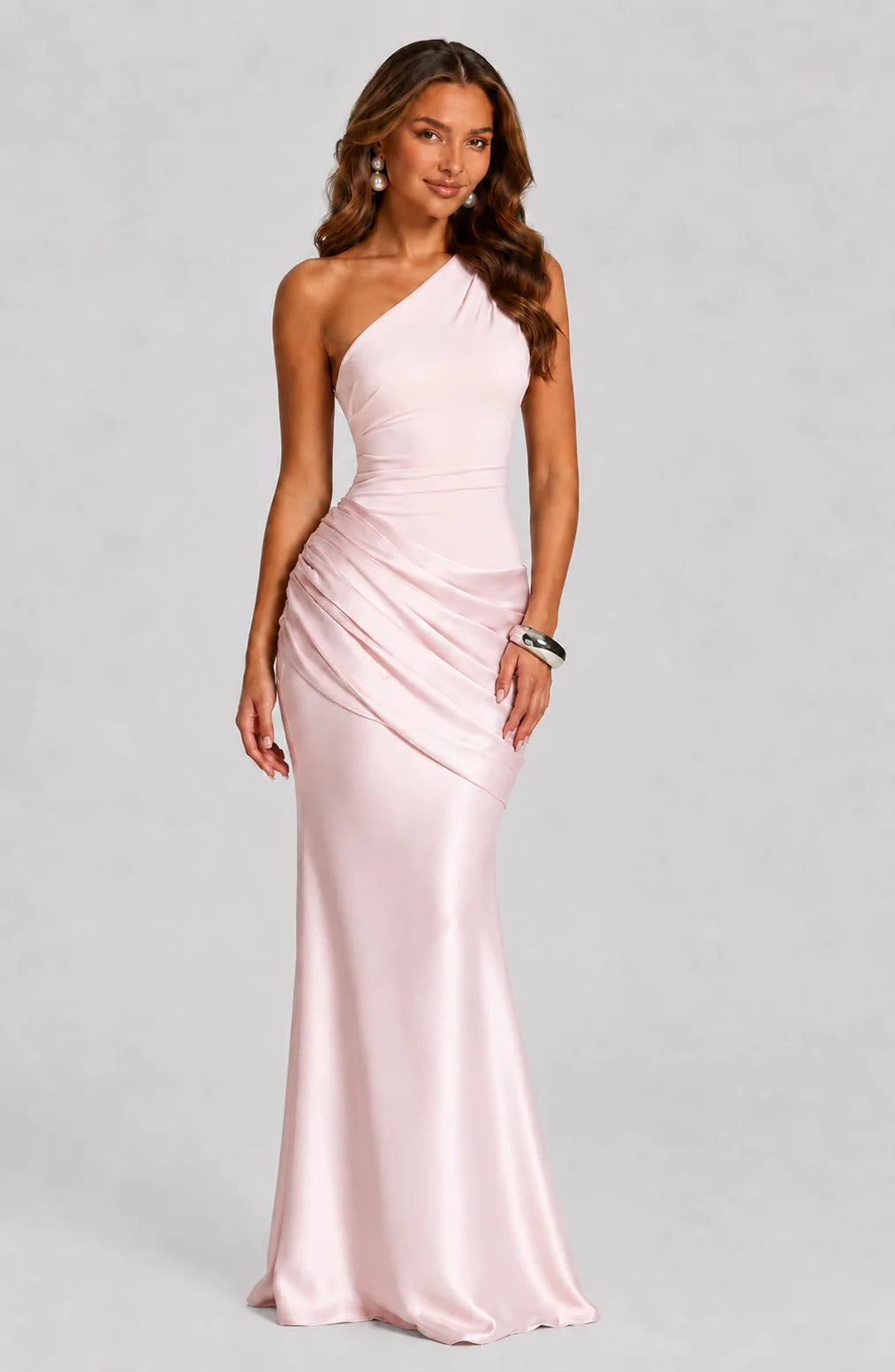 Women's Draped Waist Satin-Look Maxi Wedding Guest Dress showing smooth satin-look finish