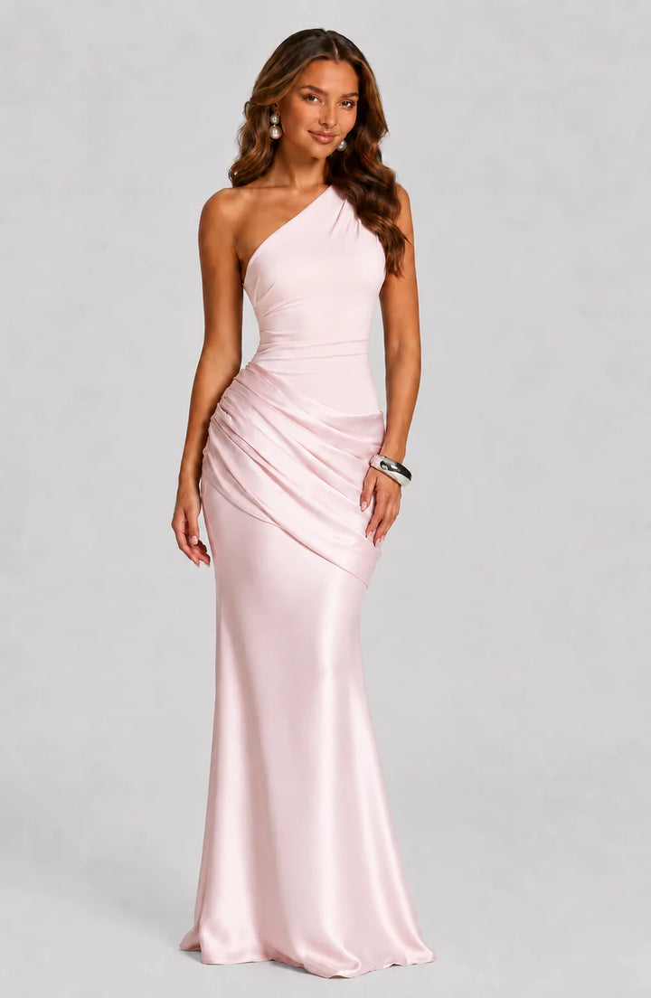 Women's Draped Waist Satin-Look Maxi Wedding Guest Dress showing smooth satin-look finish