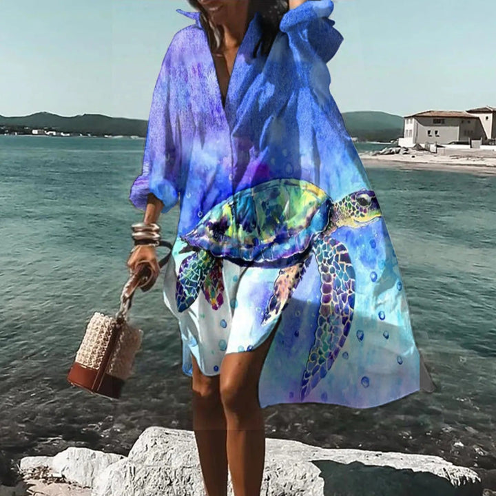 Close-up view of the relaxed button-front silhouette on a Women's Summer Casual Shirt Dress