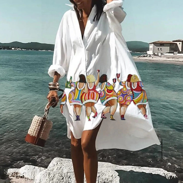 Side angle of the flowing knee-length hem on a Women's Summer Casual Shirt Dress