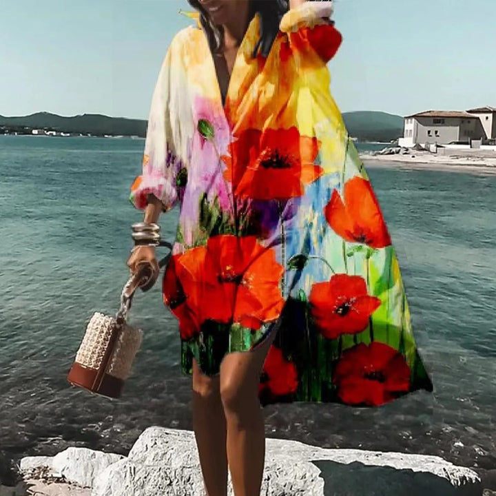 Full-length view of the oversized fit on a Women's Summer Casual Shirt Dress in floral print