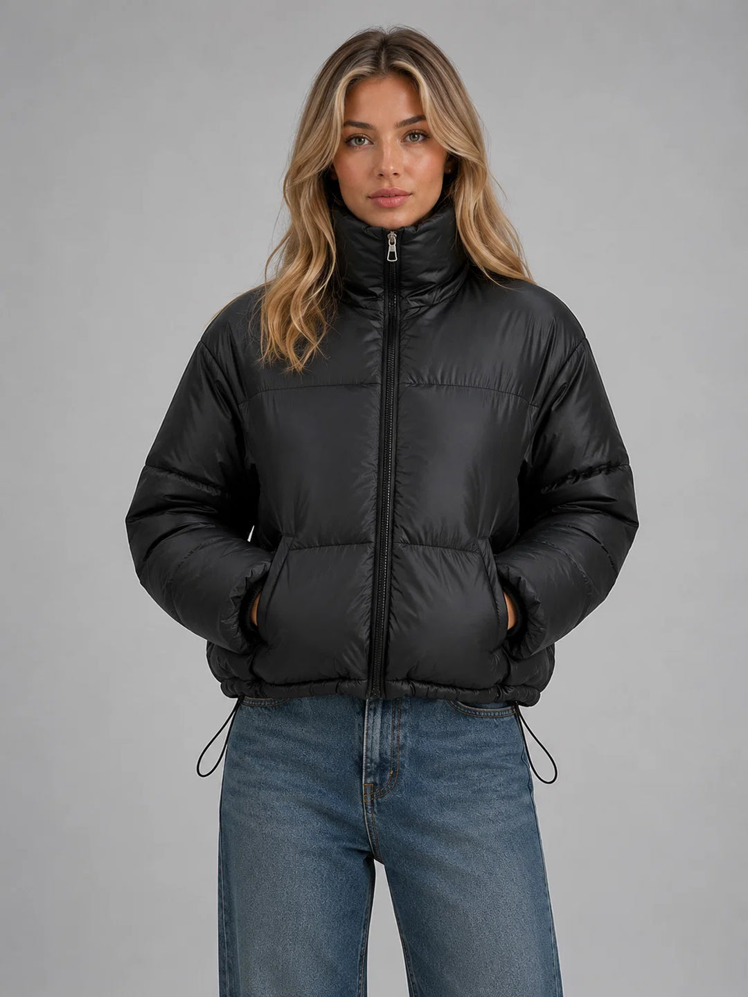 Women's Cropped Puffer Jacket – High Neck Quilted Coat in black with oversized fit and adjustable drawcord hem