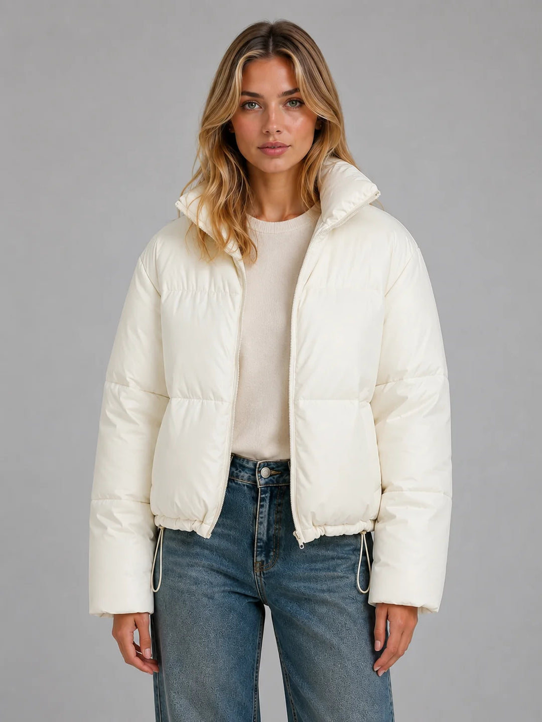 Cropped puffer jacket styled with high-waist jeans showing contemporary cropped length and relaxed fit