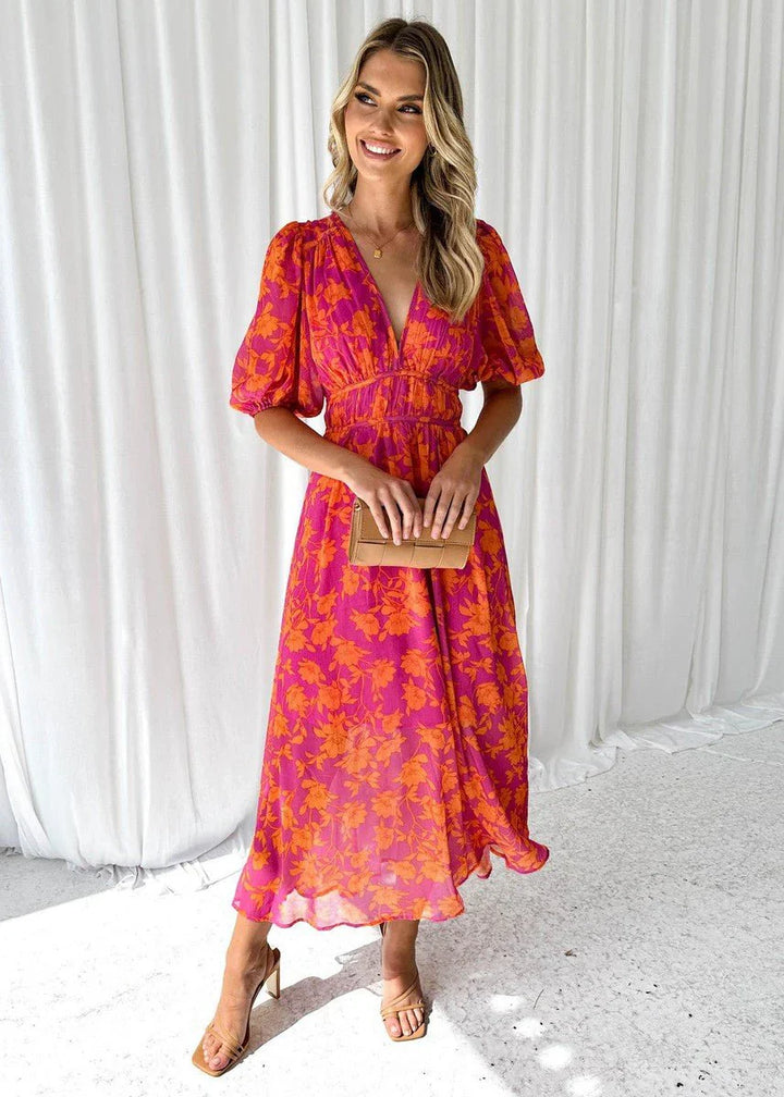 Women's Floral Midi Dress Puff Sleeves V-Neck in vibrant pink and orange floral print with elasticated waist