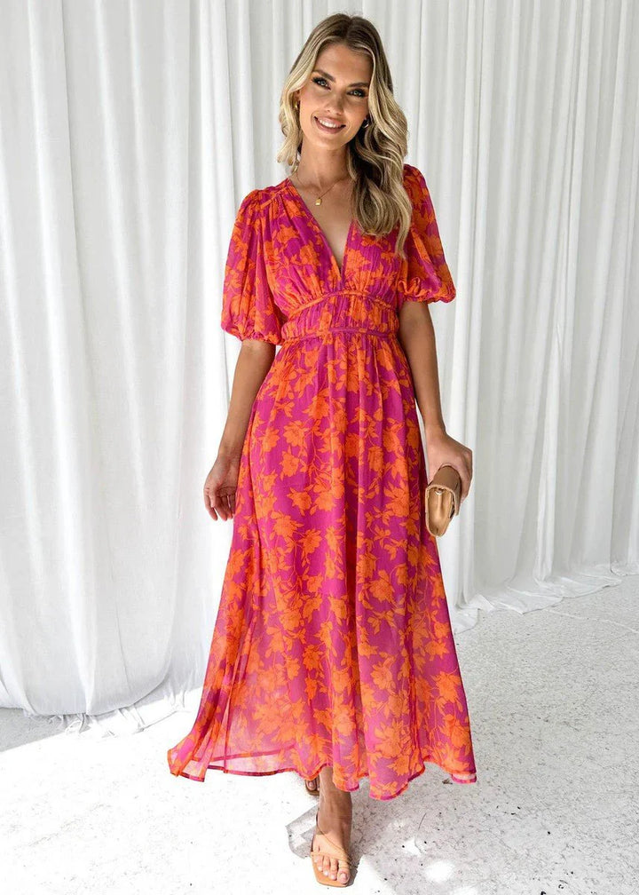 V-neck floral midi dress with puff sleeves and elasticated waist detail in pink and orange