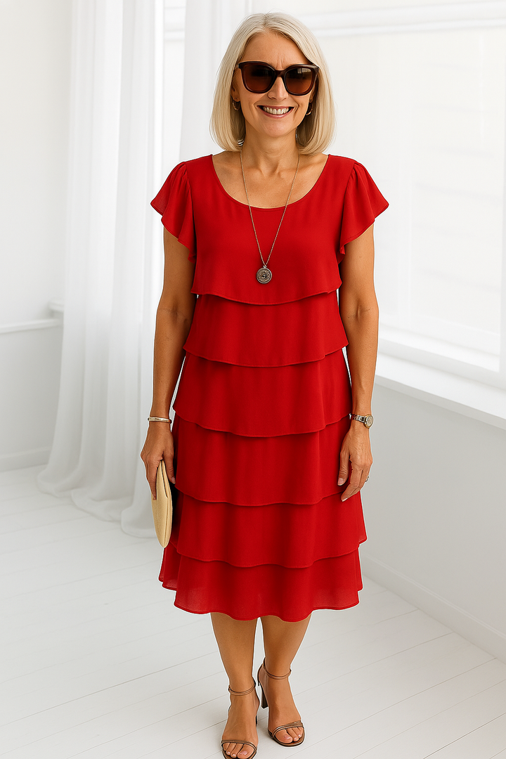 Woman wearing a red Women's Layered Midi Dress with tiered skirt and flutter sleeves in a bright interior setting