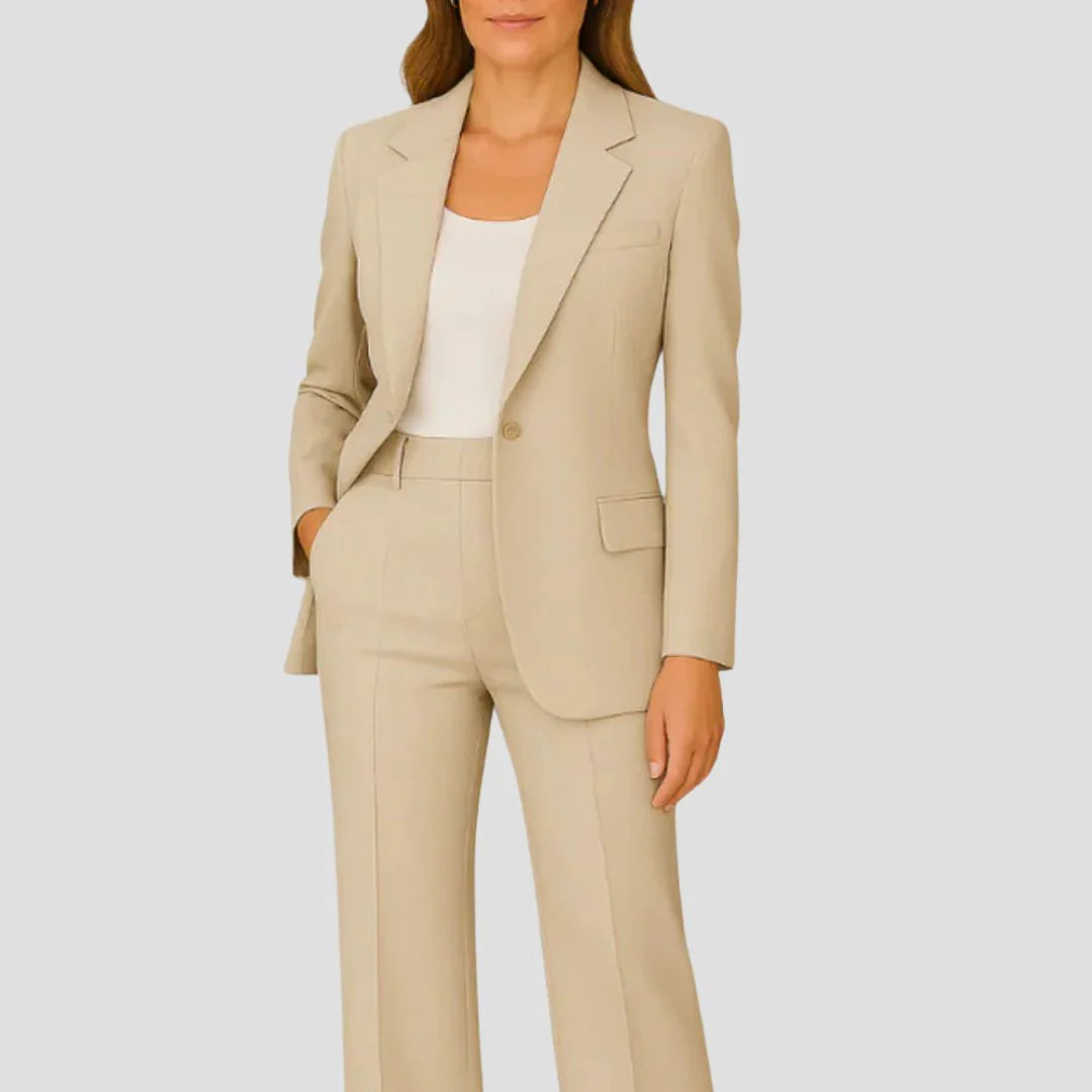 Women's tailored blazer trouser suit in beige with single-button closure and straight-leg trousers for professional wear
