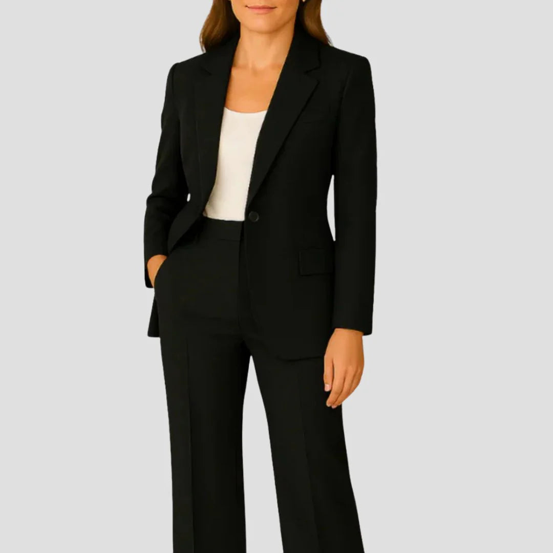 Women's beige tailored suit set styled for business meetings and formal occasions
