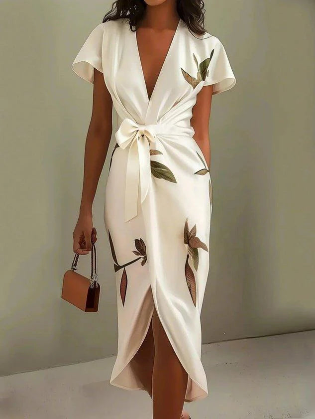 Side angle of floral midi dress displaying wrap silhouette and drape