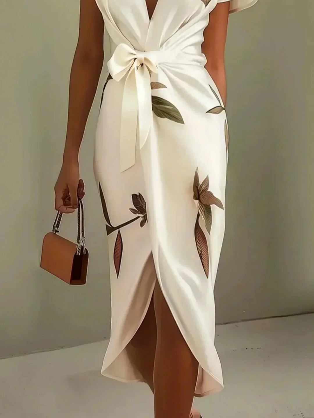 Full-length view of midi wrap dress with earthy floral pattern