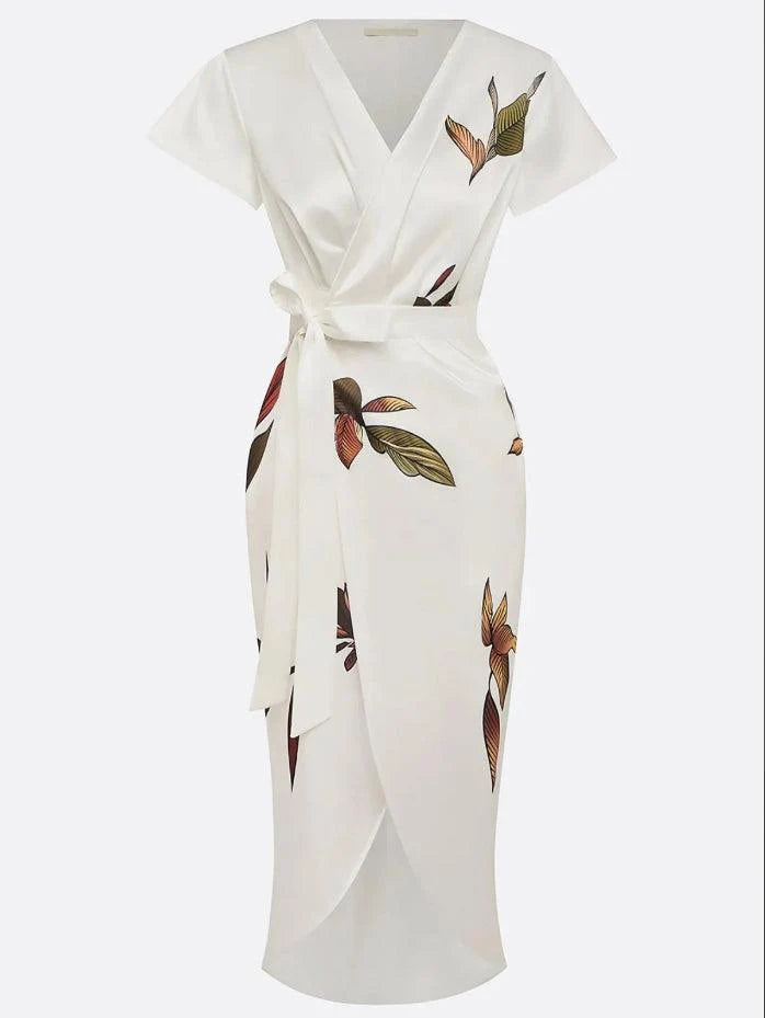 Back view of floral wrap dress showing midi length and fit