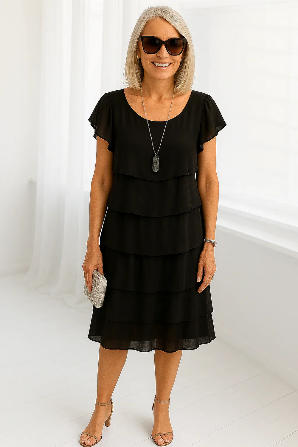 Close-up view of tiered midi dress showing multiple horizontal layers and scoop neckline detail