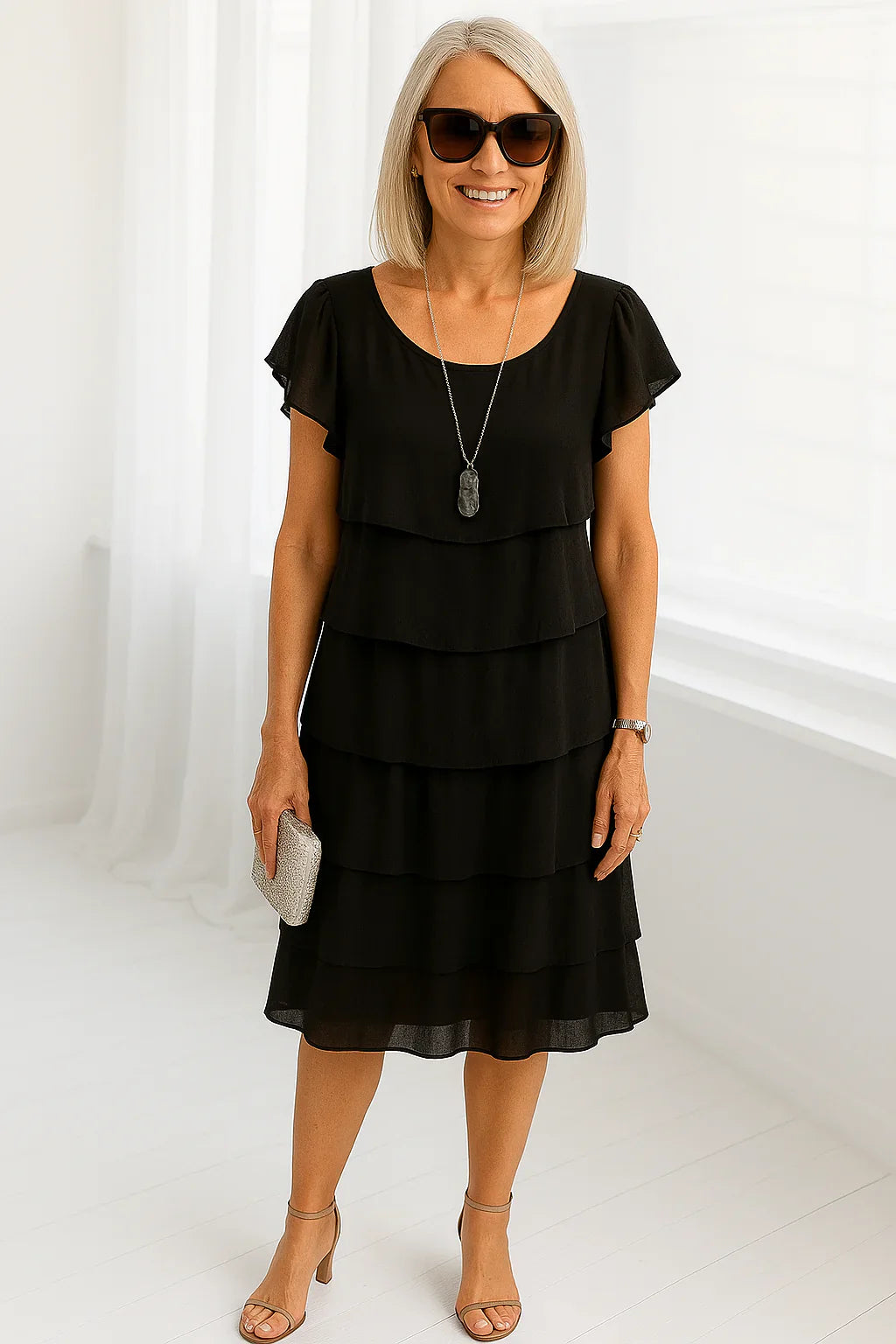 Close-up view of tiered midi dress showing multiple horizontal layers and scoop neckline detail