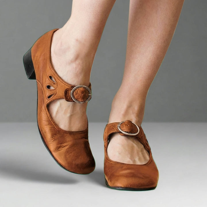 Women's Orthopedic Mary Jane Comfort Shoes in tan with buckle strap and rounded toe on model