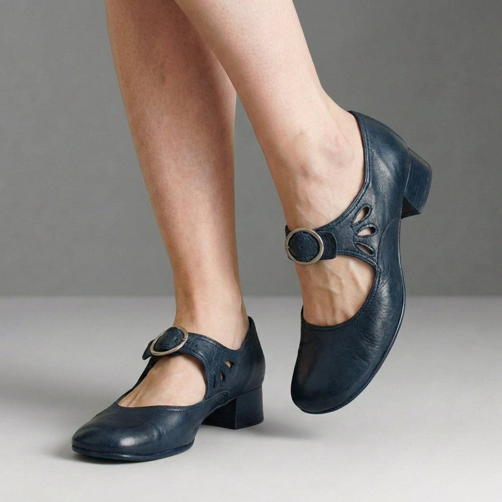 Close-up view of Women's Orthopedic Mary Jane Comfort Shoes showing decorative cutout detailing and buckle closure