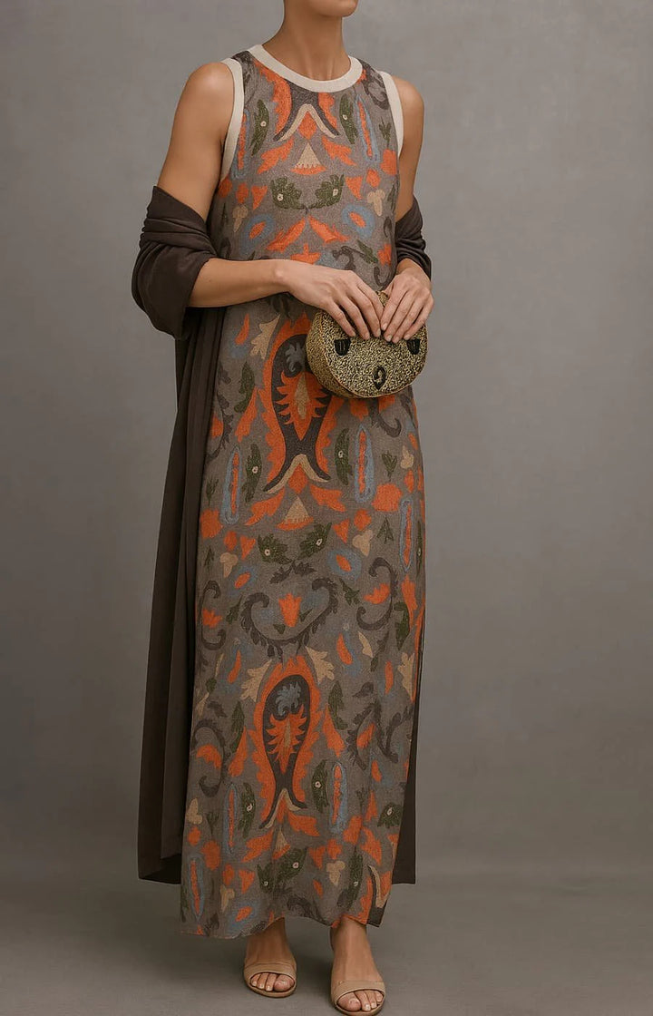 Close-up detail of vibrant floral embroidery on maxi dress featuring orange, teal, and fuchsia botanical patterns
