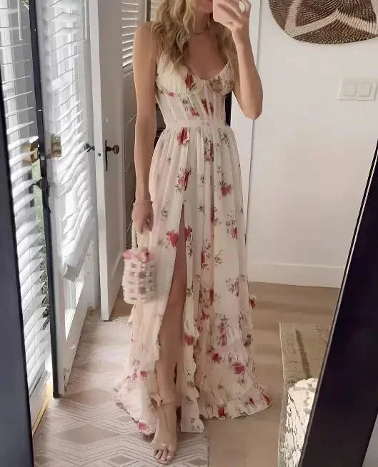 Woman styling pink floral maxi dress for summer occasion with strappy sandals