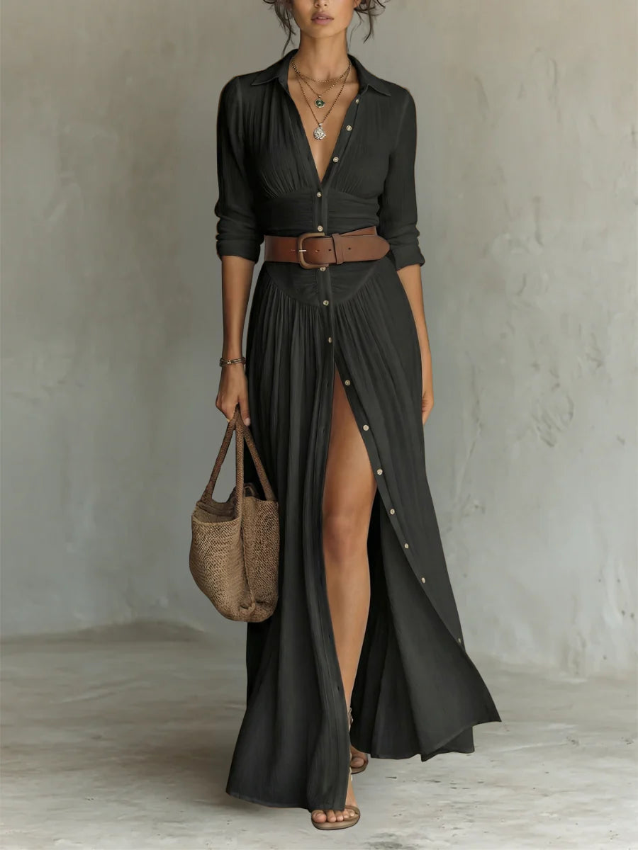 Full-length pleated maxi shirt dress styled with brown accessories for casual elegance