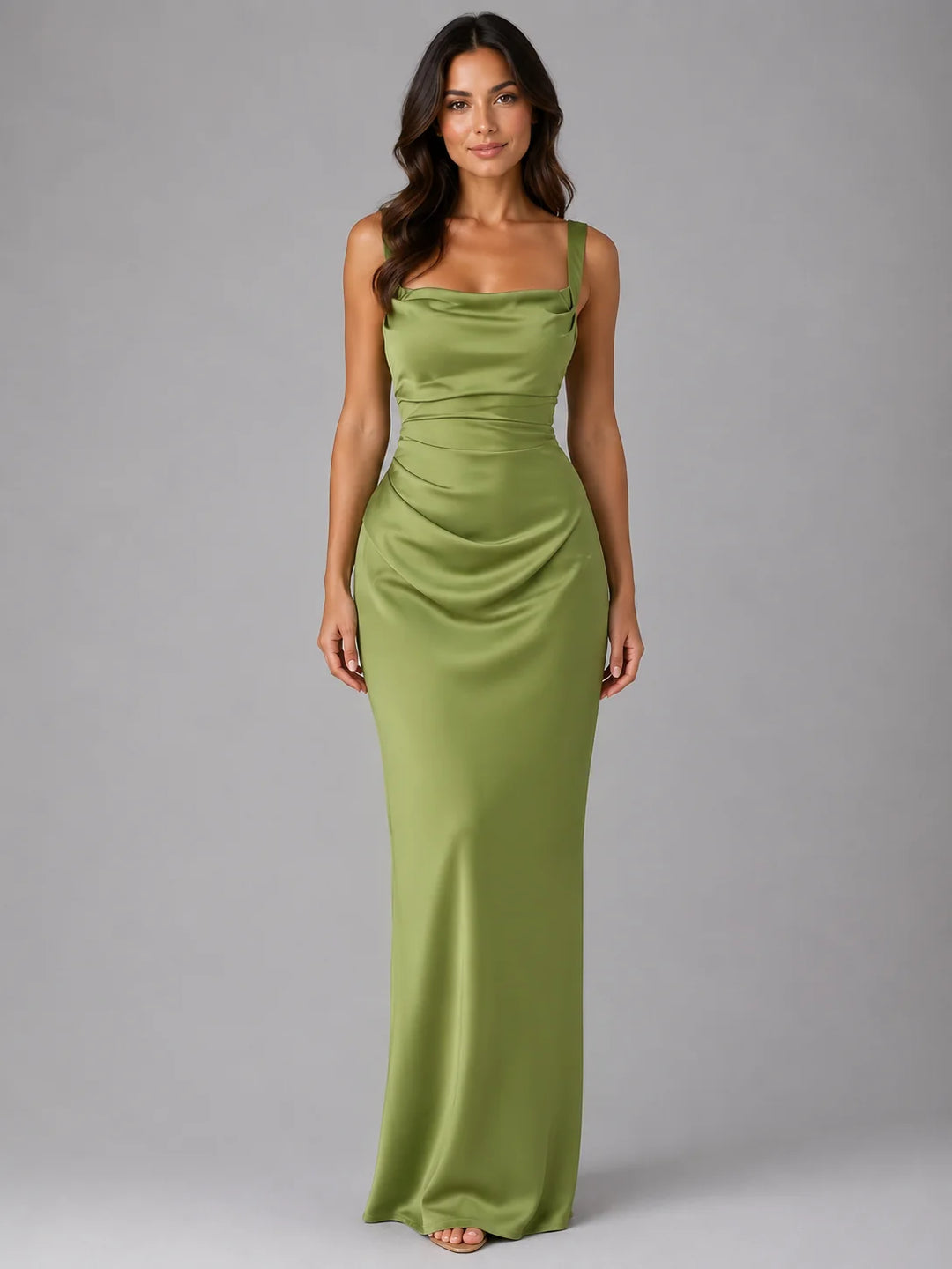 Women's Satin-Look Ruched Waist Maxi Dress – Wedding Guest Style in olive green with square neckline and full-length silhouette