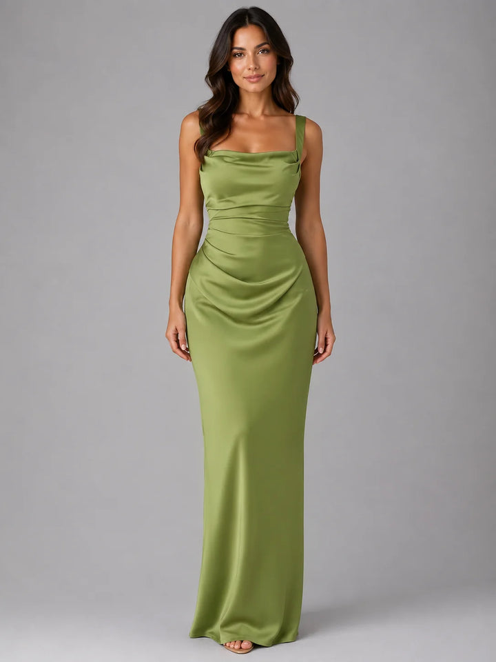 Women's Satin-Look Ruched Waist Maxi Dress – Wedding Guest Style in olive green with square neckline and full-length silhouette