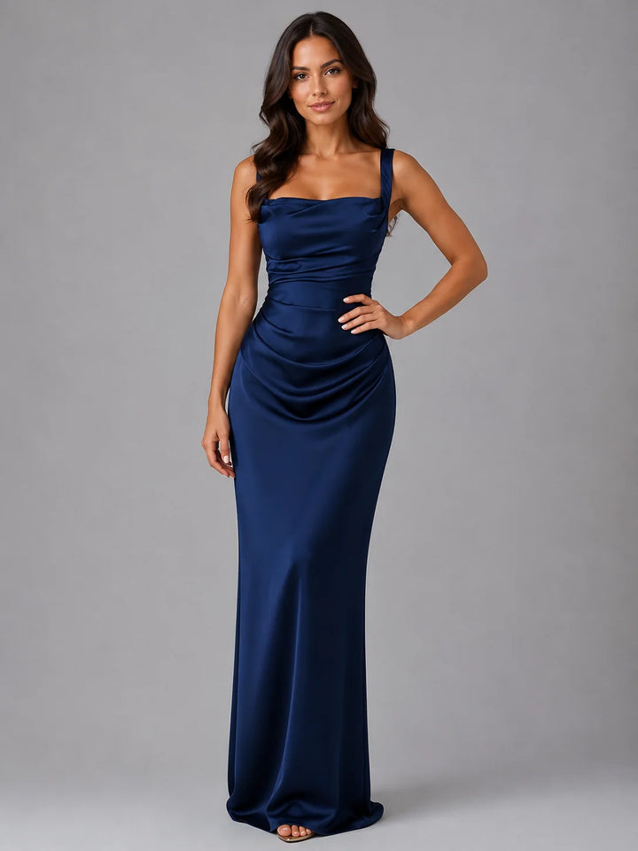 Square neckline maxi dress in olive green with ruched waist and fluid drape for formal occasions