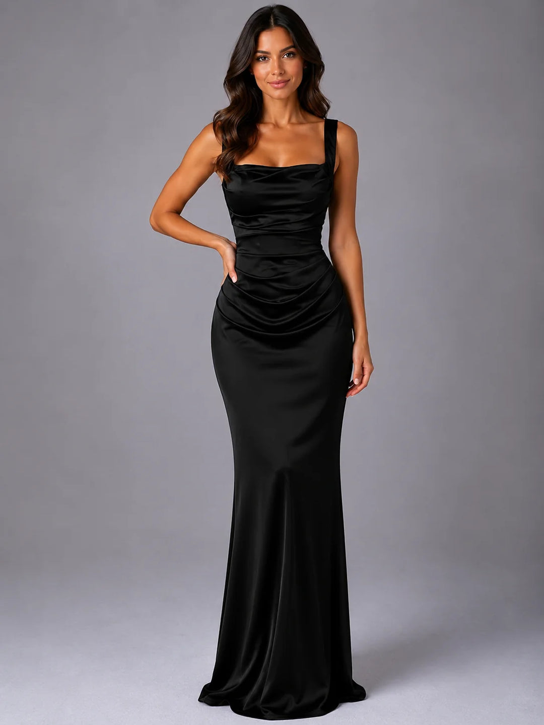 Women's satin-look maxi dress with ruched waist detail and full-length hem for bridesmaid and evening events
