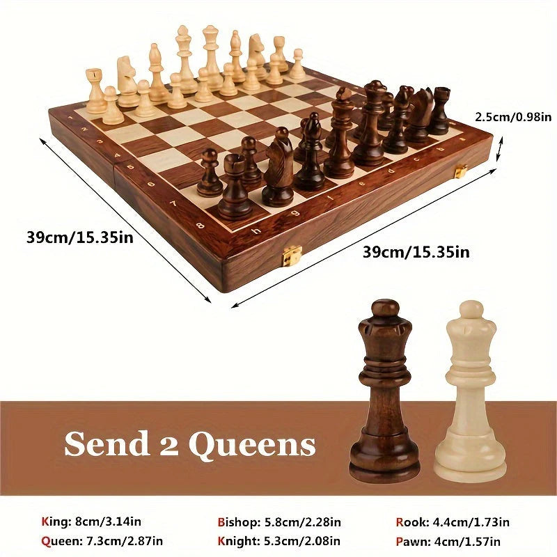 Handcrafted wooden chess set for competitive play with foldable board and detailed turned pieces in light and dark wood