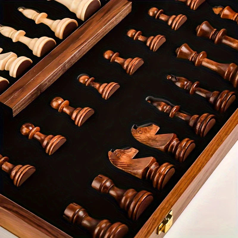 Side view of handcrafted wooden chess board with brass clasp closure and felt-lined interior storage
