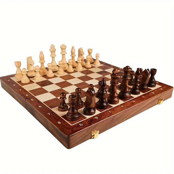 Detailed wooden chess pieces with weighted bases and two additional queens for tournament play