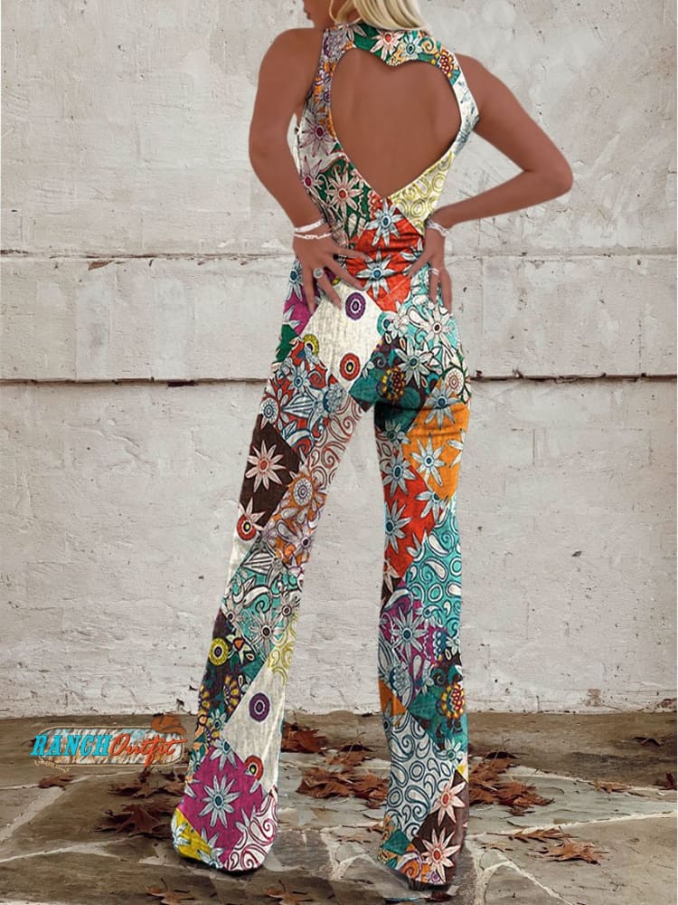 Close-up detail of colourful floral patchwork design on sleeveless wide leg jumpsuit