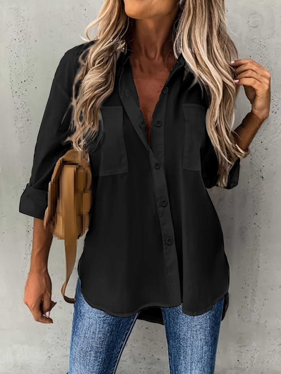 Full-length view of relaxed fit button-up shirt showing drape and silhouette