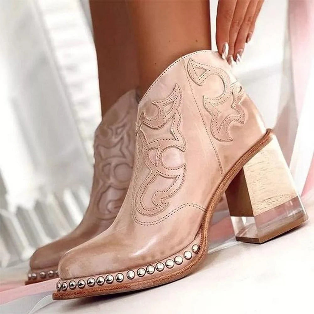 Women's embroidered western ankle boots in blush tone with block heel and studded sole detail