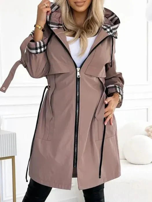 Women's hooded zip trench coat in taupe with check-lined hood and drawstring waist detail