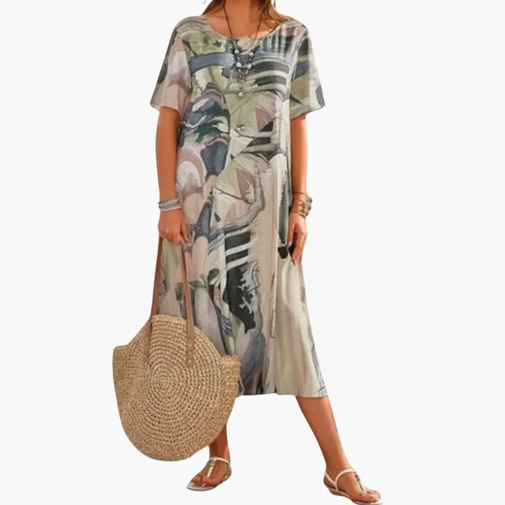 Women's Midi Dress with V-Neck and Floral Print in abstract botanical pattern with relaxed short sleeves