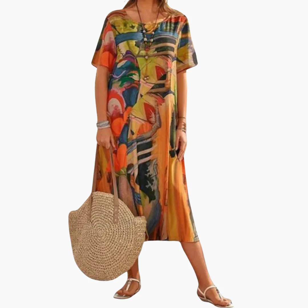 Front view of floral midi dress with V-neckline and flowing silhouette for casual summer wear